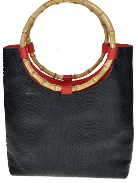 Handled Tote Bag, Brown/Black with bamboo handles, lined with leather. - Avi Algrisi
