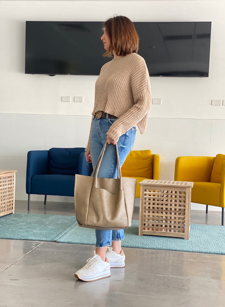 Camel Leather tote bag, Laptop bag with a large outside pocket - Avi Algrisi
