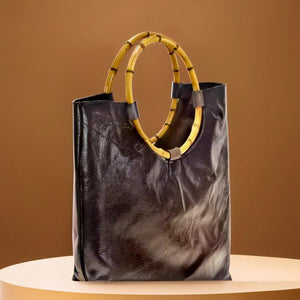 Handled Tote Bag, Brown/Black with bamboo handles, lined with leather.