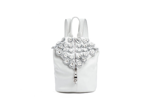 Leather Backpack / beautiful white flowers - Avi Algrisi