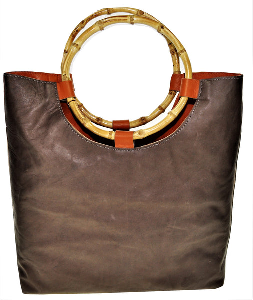 Handled Tote Bag, Brown/Black with bamboo handles, lined with leather. - Avi Algrisi