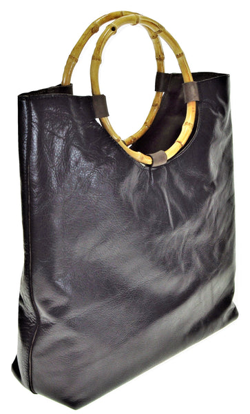 Handled Tote Bag, Brown/Black with bamboo handles, lined with leather. - Avi Algrisi
