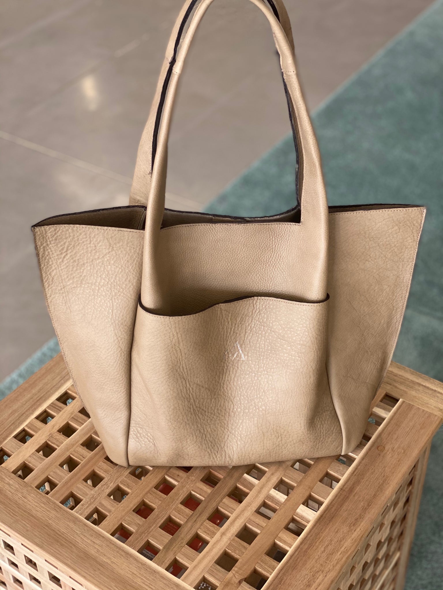 Leather Tote Bag With Large Outside Pocket. 4 Colors 