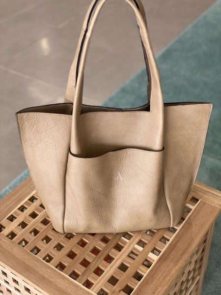 Camel Leather tote bag, Laptop bag with a large outside pocket - Avi Algrisi